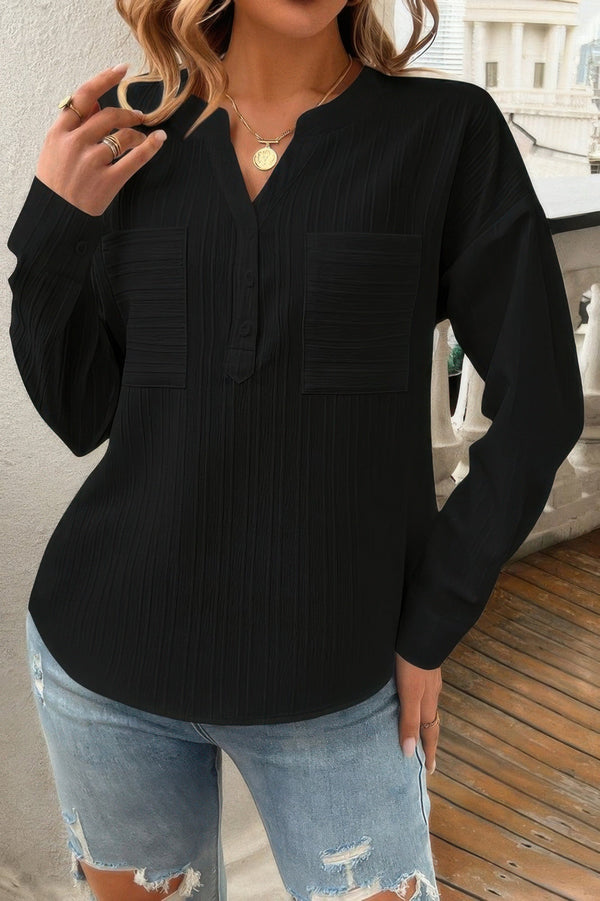 Pleated V Neck Pockets Button Drop Shoulder Blouse - | SmartBuyApparel