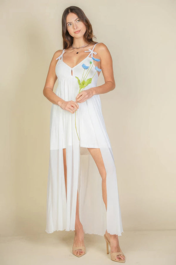 Plunge Neck Split Thigh Mesh Maxi Dress - Dress - SmartBuyApparel