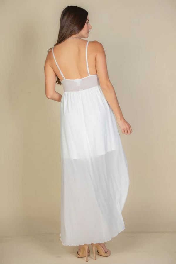 Plunge Neck Split Thigh Mesh Maxi Dress - Dress - SmartBuyApparel