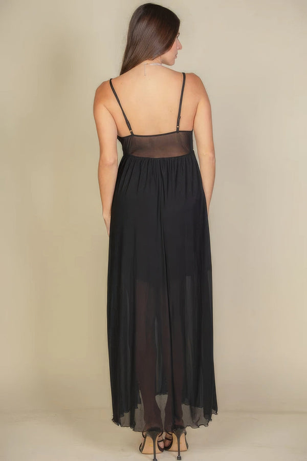 Plunge Neck Split Thigh Mesh Maxi Dress - Dress - SmartBuyApparel