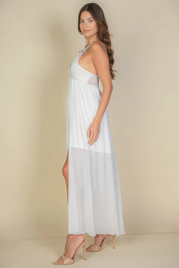 Plunge Neck Split Thigh Mesh Maxi Dress - Dress - SmartBuyApparel