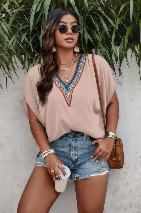 Plus Batwing Short Sleeve Lace V Neck Blouse - | SmartBuyApparel