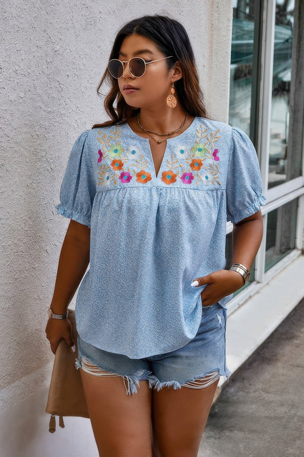 Plus Boho Flower Decoration Loose V Neck Shirt - | SmartBuyApparel