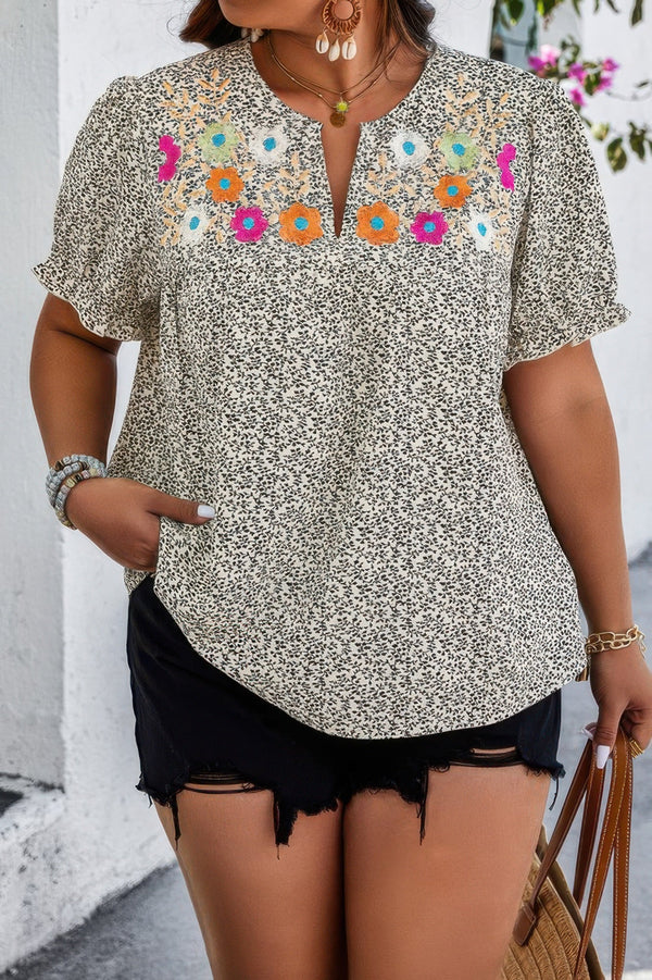 Plus Boho Flower Decoration Loose V Neck Shirt - | SmartBuyApparel