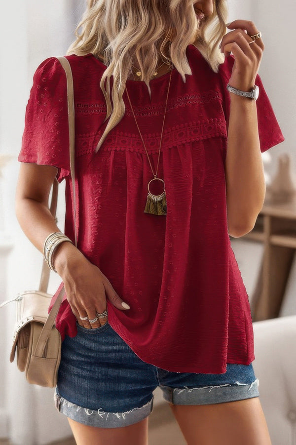 Plus Dot Cut Out Lace Trim Loose Fit Top - | SmartBuyApparel