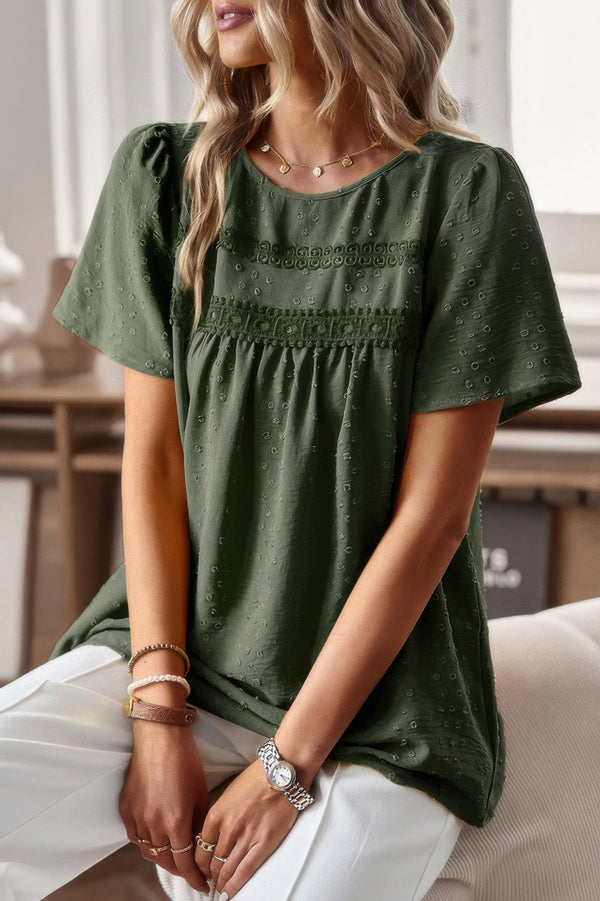 Plus Dot Cut Out Lace Trim Loose Fit Top - | SmartBuyApparel