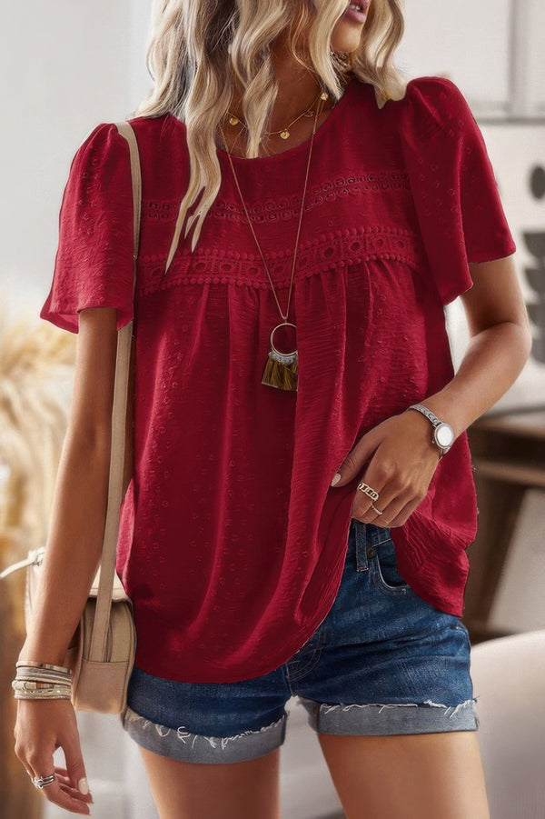 Plus Dot Cut Out Lace Trim Loose Fit Top - | SmartBuyApparel