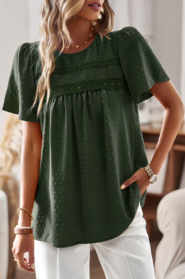 Plus Dot Cut Out Lace Trim Loose Fit Top - | SmartBuyApparel