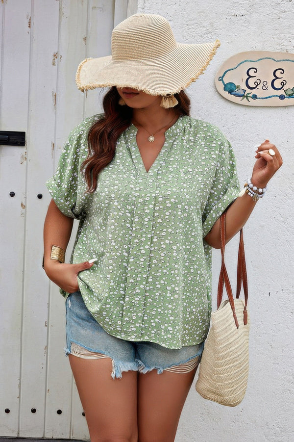 Plus Floral Print V Neck Short Sleeve Loose Blouse - | SmartBuyApparel