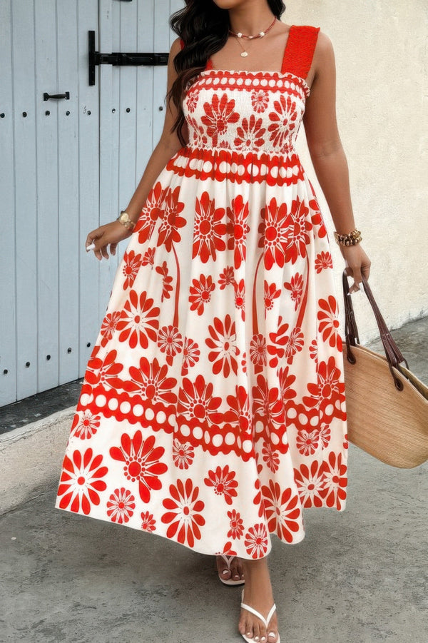 Plus Floral Printed Square Neck Wide Strap Dress - | SmartBuyApparel