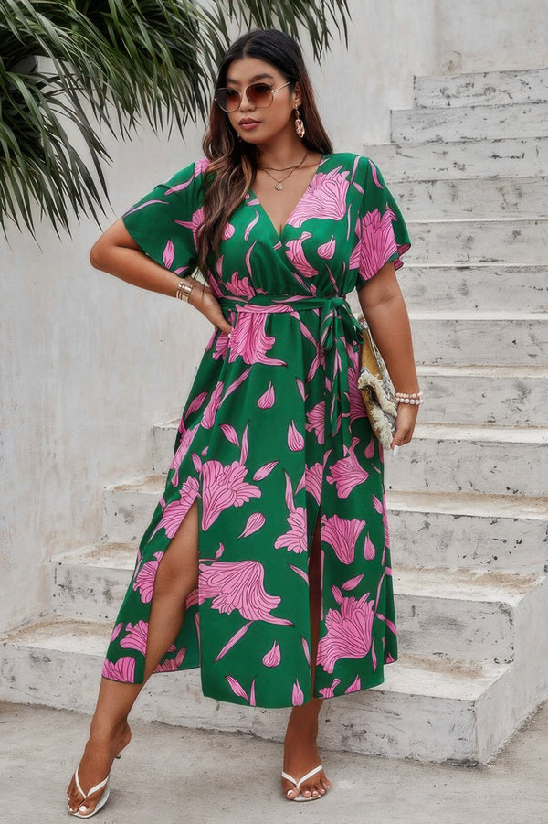 Plus Floral Short Sleeve Split Belted Midi Dress - | SmartBuyApparel