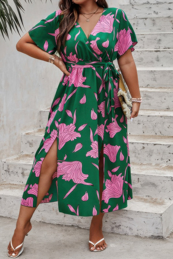 Plus Floral Short Sleeve Split Belted Midi Dress - | SmartBuyApparel