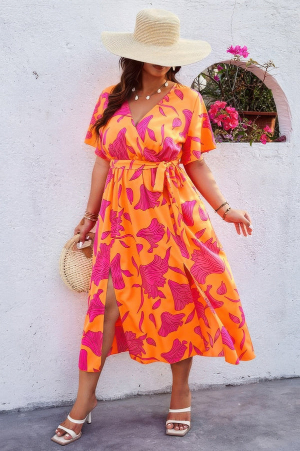 Plus Floral Short Sleeve Split Belted Midi Dress - | SmartBuyApparel