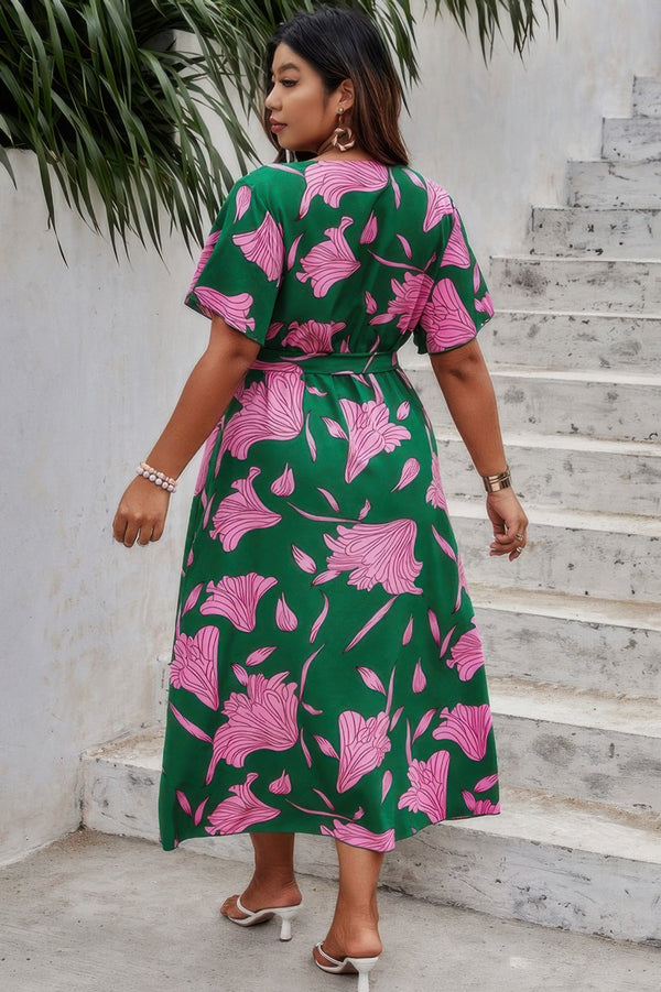 Plus Floral Short Sleeve Split Belted Midi Dress - | SmartBuyApparel