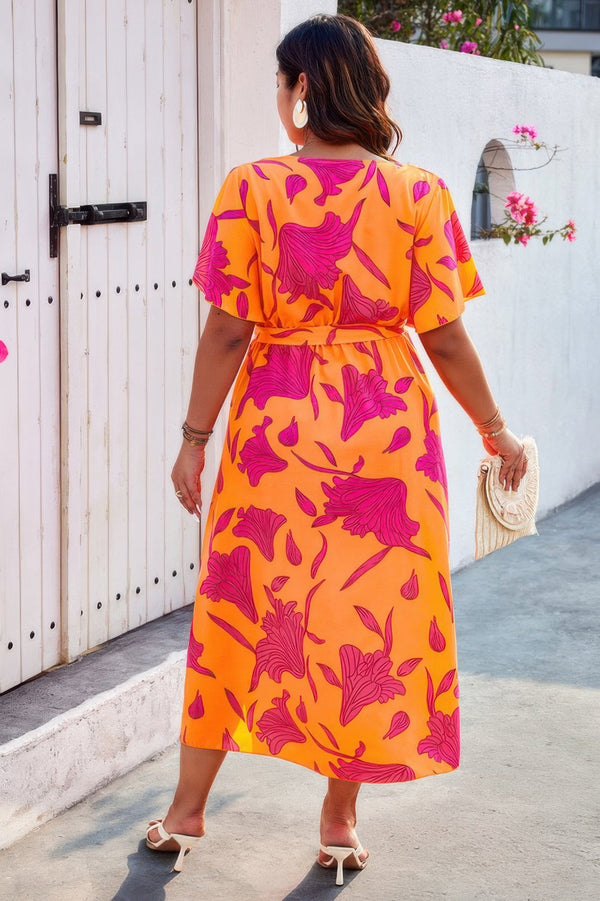 Plus Floral Short Sleeve Split Belted Midi Dress - | SmartBuyApparel