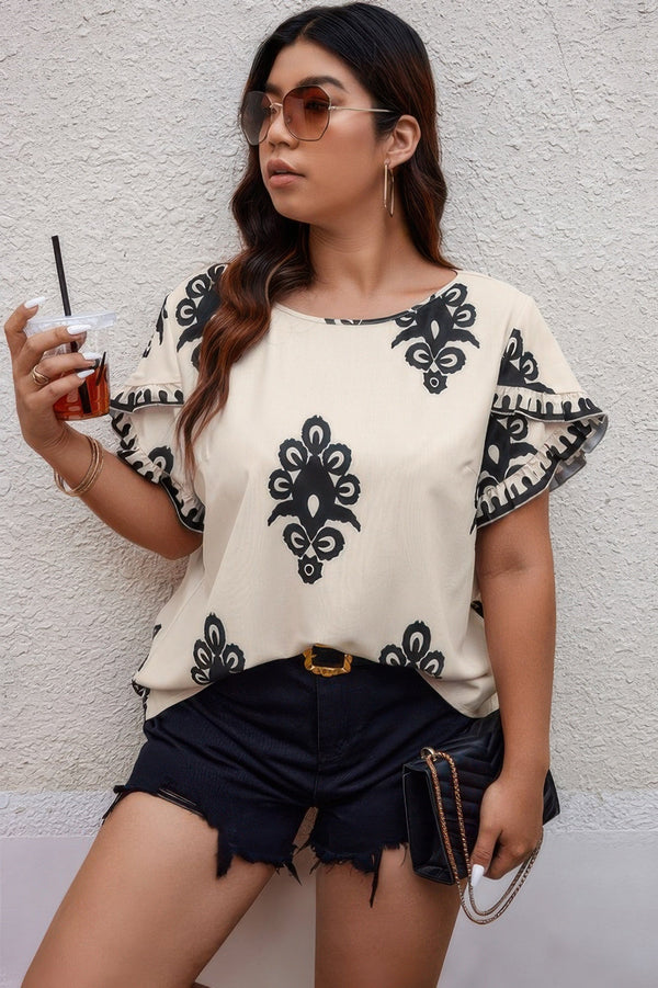 Plus Printed Ruffle Hem Wide Round Neck Blouse - | SmartBuyApparel