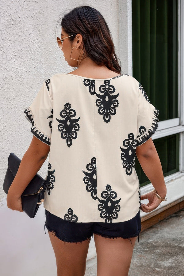 Plus Printed Ruffle Hem Wide Round Neck Blouse - | SmartBuyApparel
