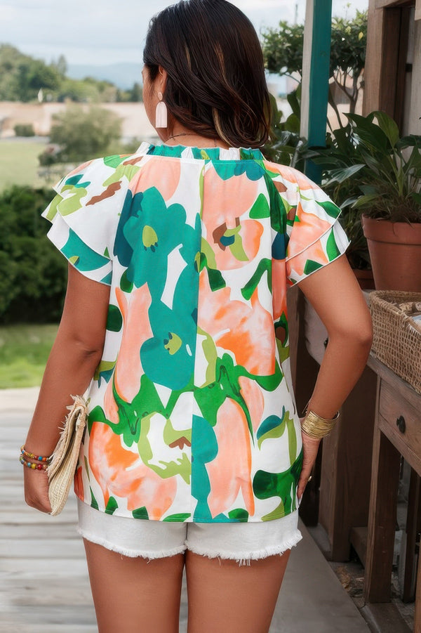 Plus Random Print Ruffled Sleeve Boho Blouse - | SmartBuyApparel