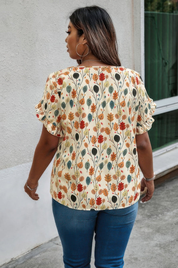 Plus Round Neck Floral Flounce Sleeve Loose Shirt - | SmartBuyApparel