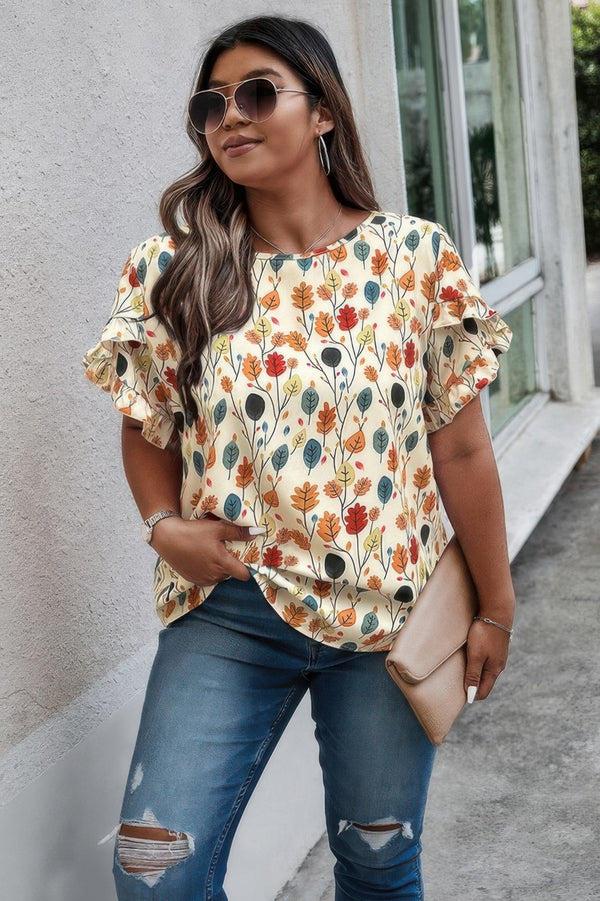 Plus Round Neck Floral Flounce Sleeve Loose Shirt - | SmartBuyApparel
