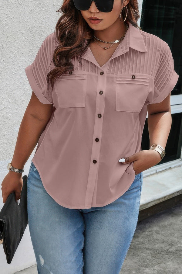 Plus Size Button Solid Color Block Loose Blouse - | SmartBuyApparel