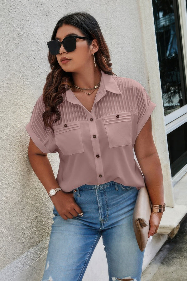 Plus Size Button Solid Color Block Loose Blouse - | SmartBuyApparel