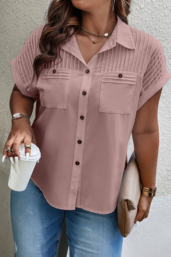 Plus Size Button Solid Color Block Loose Blouse - | SmartBuyApparel