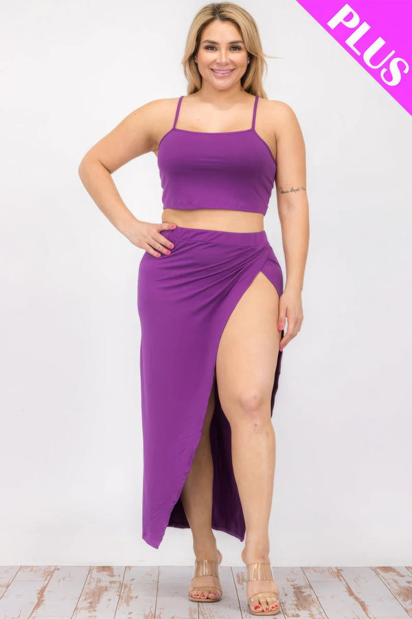 Plus Size Crop Cami & Split Thigh Maxi Skirt Set - | SmartBuyApparel