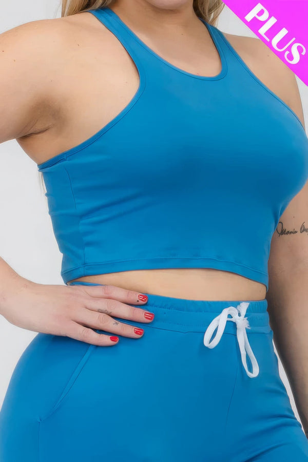 Plus Size Crop Tank Top & Ruched Pants Set - | SmartBuyApparel