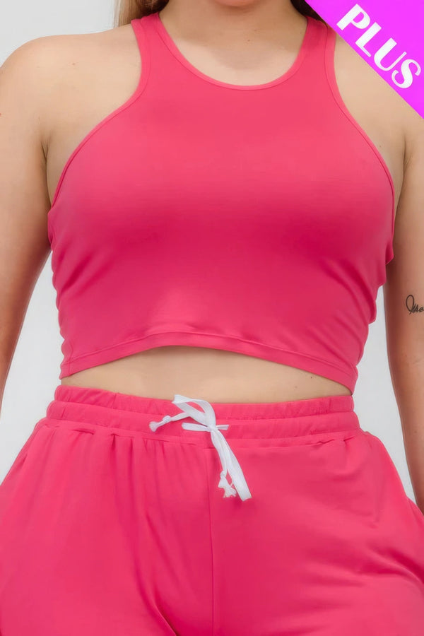 Plus Size Crop Tank Top & Ruched Pants Set - | SmartBuyApparel