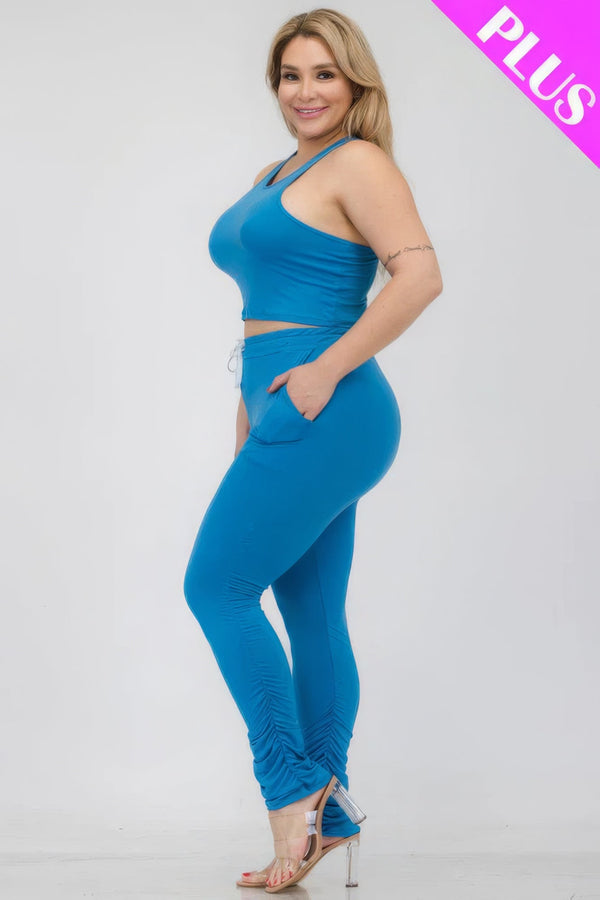Plus Size Crop Tank Top & Ruched Pants Set - | SmartBuyApparel