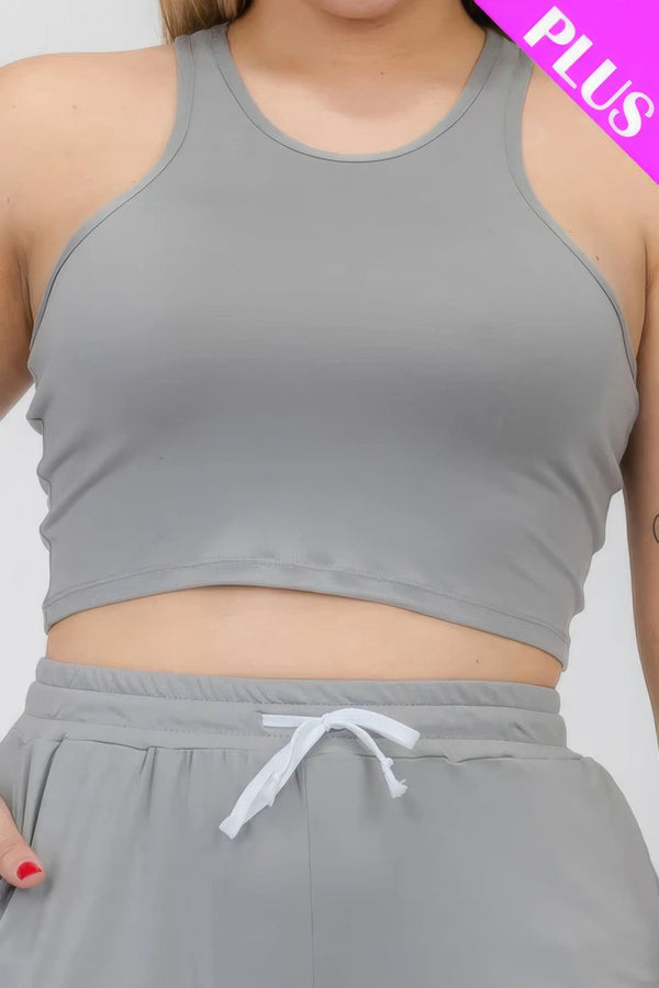 Plus Size Crop Tank Top & Ruched Pants Set - | SmartBuyApparel