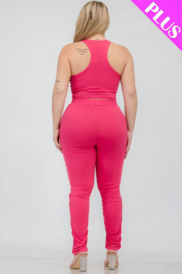 Plus Size Crop Tank Top & Ruched Pants Set - | SmartBuyApparel