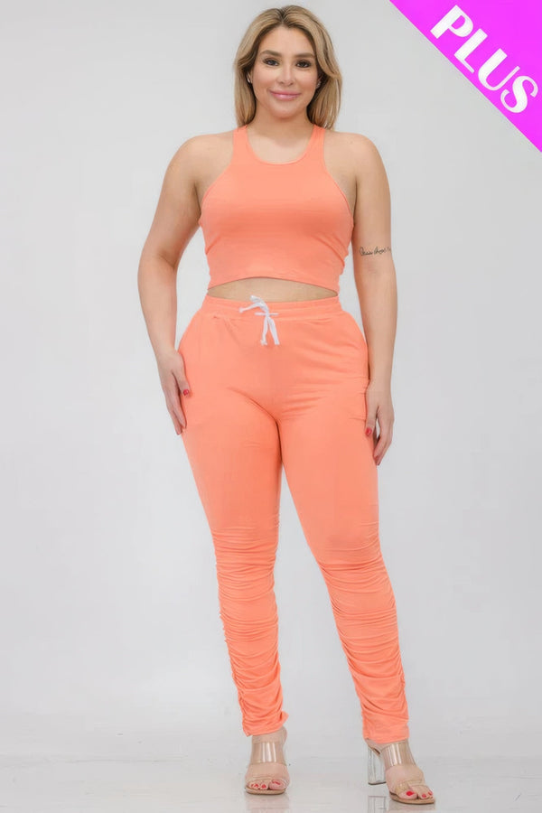 Plus Size Crop Tank Top & Ruched Pants Set - | SmartBuyApparel