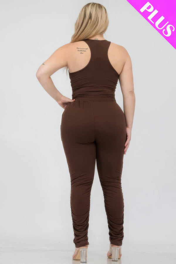 Plus Size Crop Tank Top & Ruched Pants Set - | SmartBuyApparel