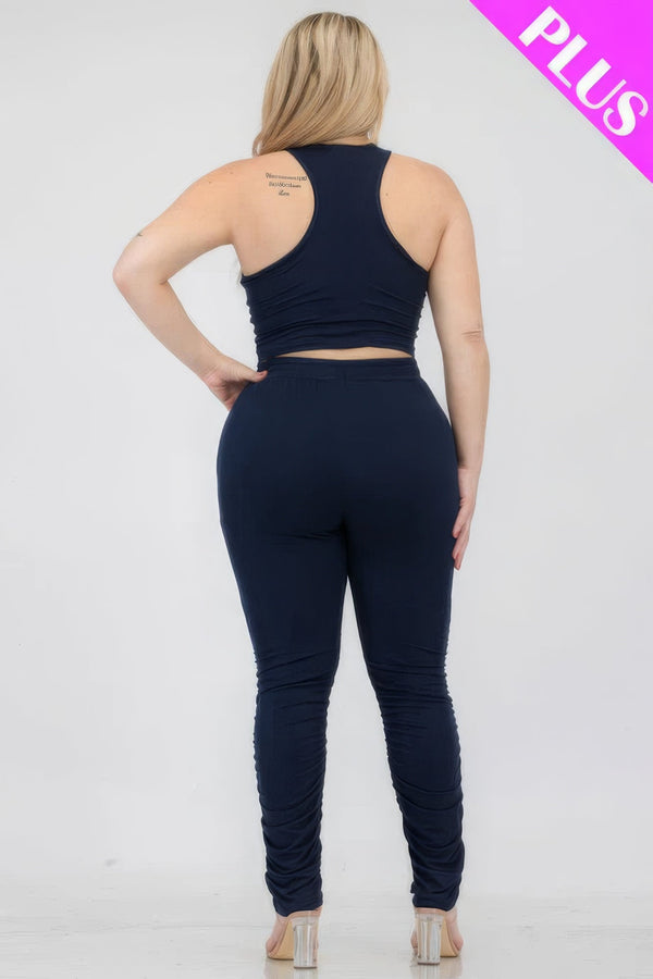 Plus Size Crop Tank Top & Ruched Pants Set - | SmartBuyApparel