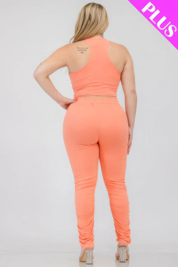 Plus Size Crop Tank Top & Ruched Pants Set - | SmartBuyApparel