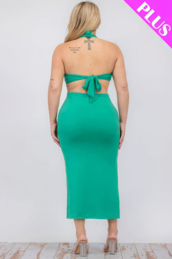 Plus Size Cut - out Halter Neck Double Back Tie Split Thigh Midi Dress - | SmartBuyApparel