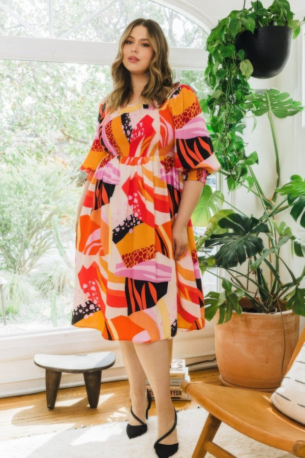Plus Size Floral Print Square Neckline Midi Dress - Dress - SmartBuyApparel