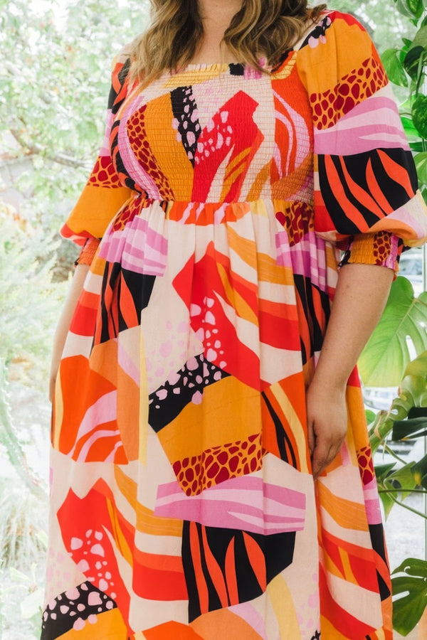 Plus Size Floral Print Square Neckline Midi Dress - Dress - SmartBuyApparel