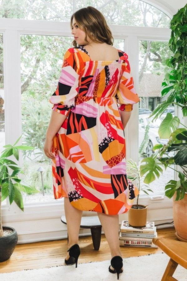 Plus Size Floral Print Square Neckline Midi Dress - Dress - SmartBuyApparel