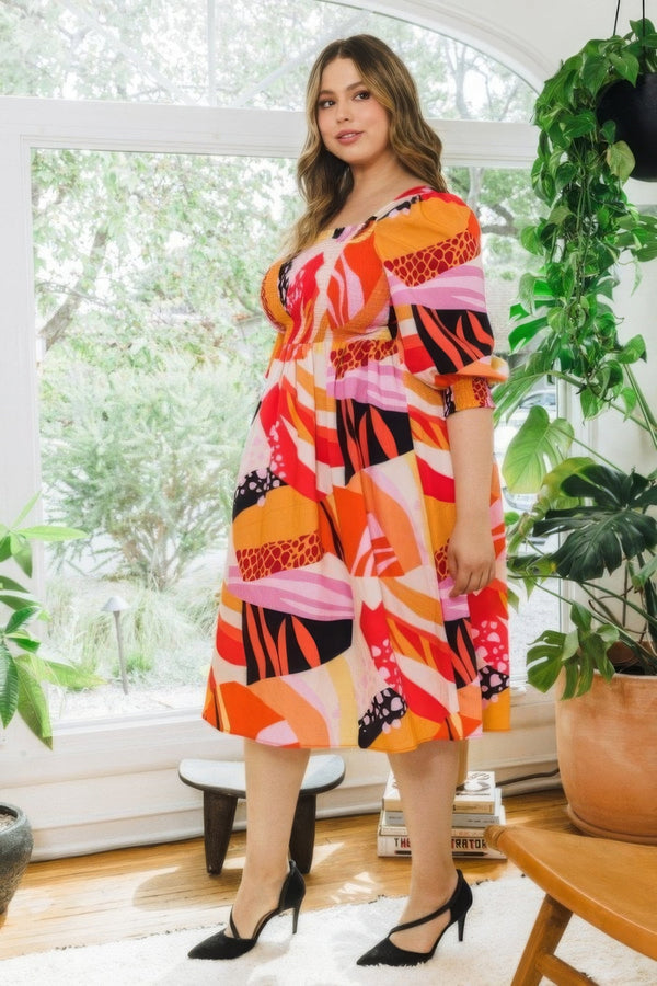Plus Size Floral Print Square Neckline Midi Dress - Dress - SmartBuyApparel