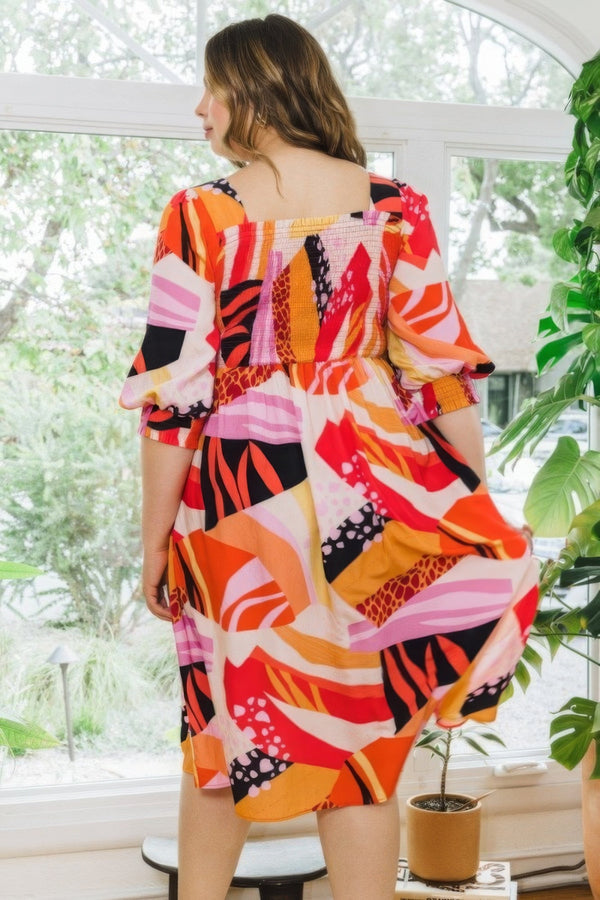 Plus Size Floral Print Square Neckline Midi Dress - Dress - SmartBuyApparel