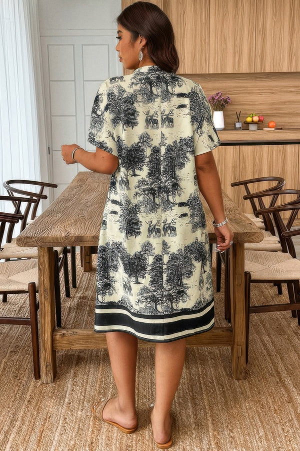 Plus Size Floral Print V Neck Fit Midi Dress - | SmartBuyApparel