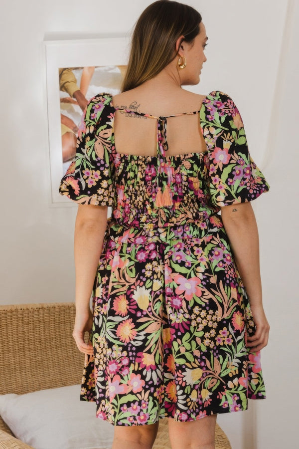 Plus Size Floral Printed Center Tie - back Mini Dress - Dress - SmartBuyApparel