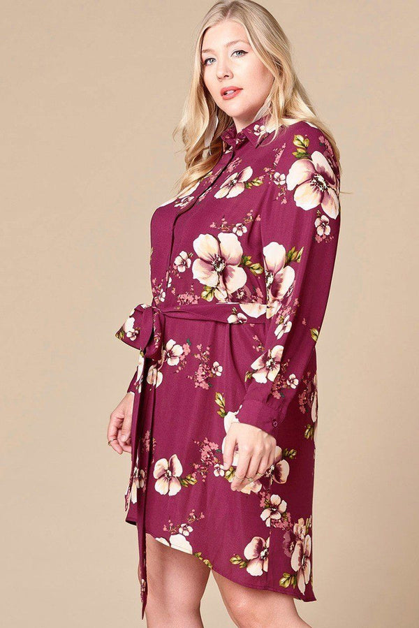 Plus Size Floral Woven Button - down Collared Shirt Dress - Dress - SmartBuyApparel