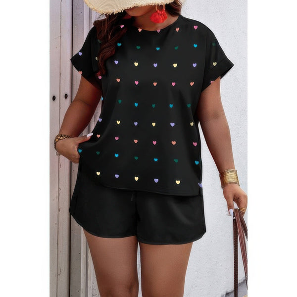 Plus Size Heart Print Drawstring Waist Sets - | SmartBuyApparel