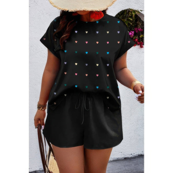 Plus Size Heart Print Drawstring Waist Sets - | SmartBuyApparel