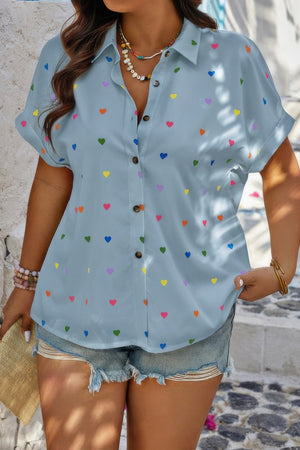 Plus Size Hearts Print Button Down Loose Blouse - | SmartBuyApparel