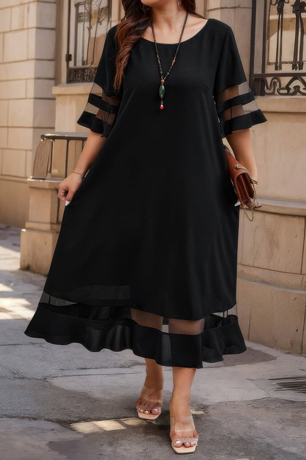 Plus Size Mesh Splicing Round Neck Long Dress - | SmartBuyApparel